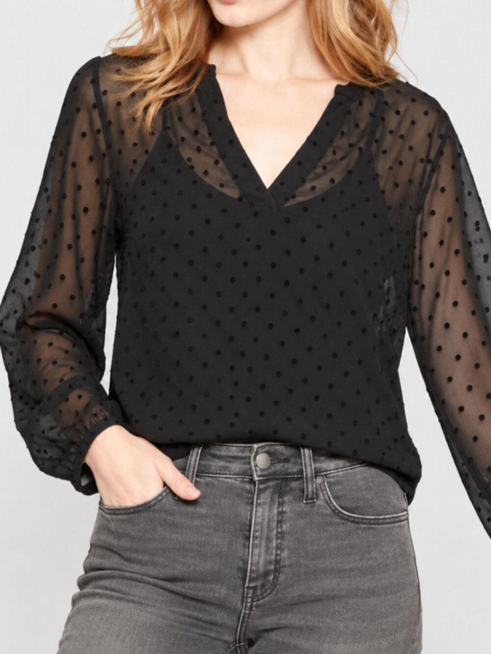 A New Day Black Swiss Dot Sheer Sleeve Blouse Women’s Large